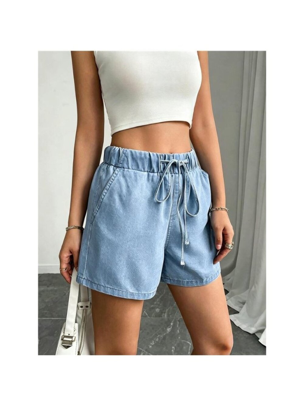 Drawstring High Waist Denim Shorts